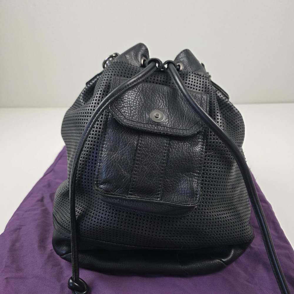 Linea Pelle Collection Bucket Bag Womens Black Perforated Leather Drawstring